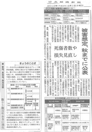 「被害想定、秋までに公表」日本経済新聞(2012年4月1日付)